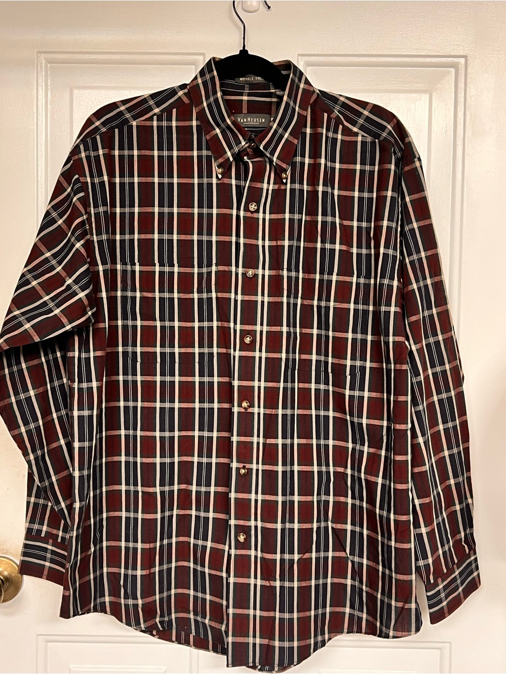 Van Heusen Men's Maroon and Navy Plaid Button-Down Shirt